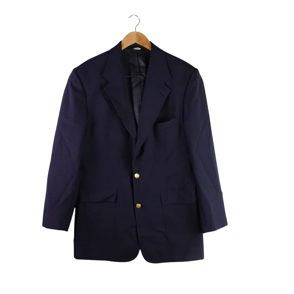 Orvis Mens Navy Blue Wool Blazer Gold Crest Button USA Made 42L Sport Coat